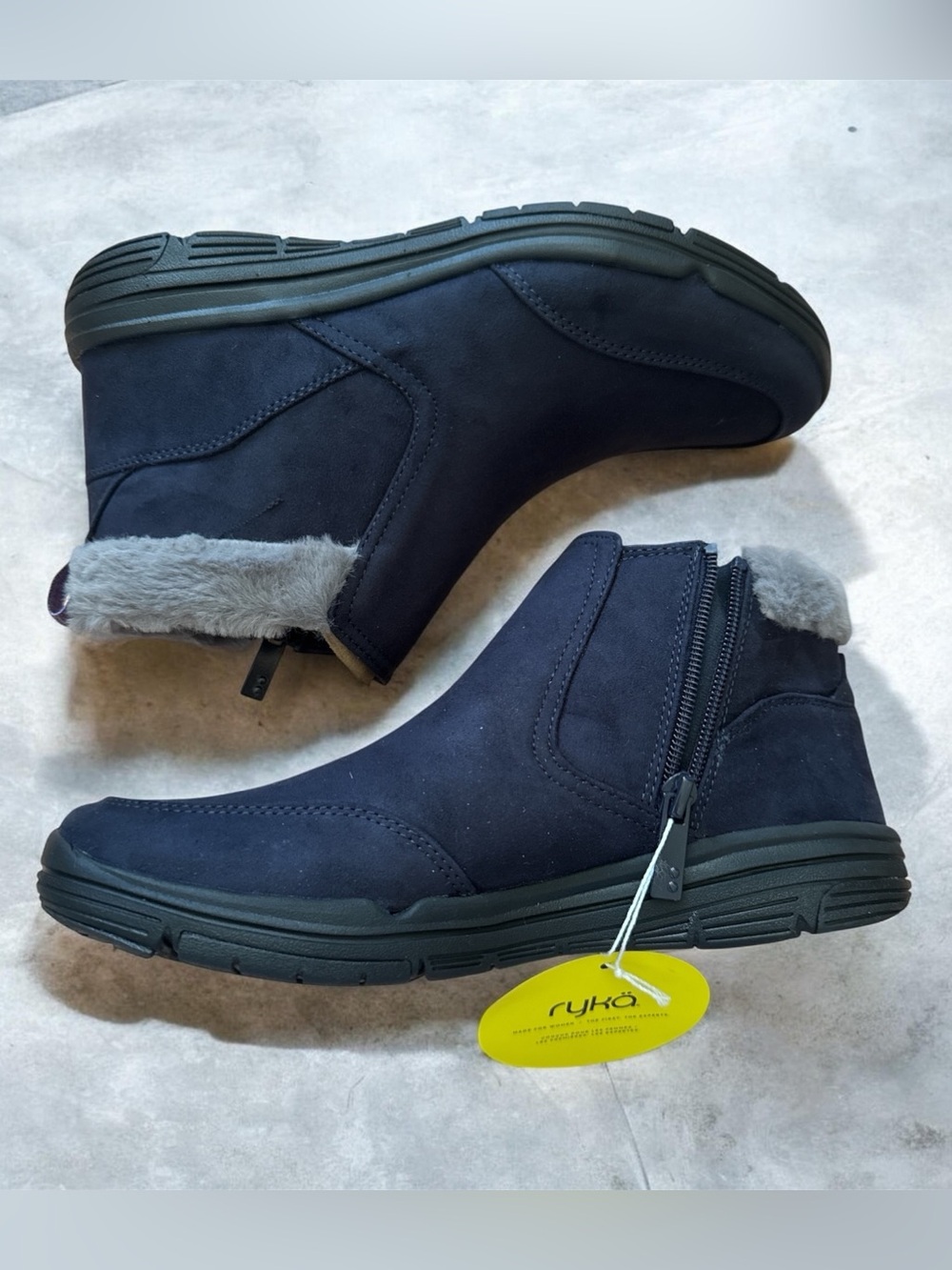 Ryka Amaze Navy Side Zip Ankle Boots with Gray Faux-Fur Collar